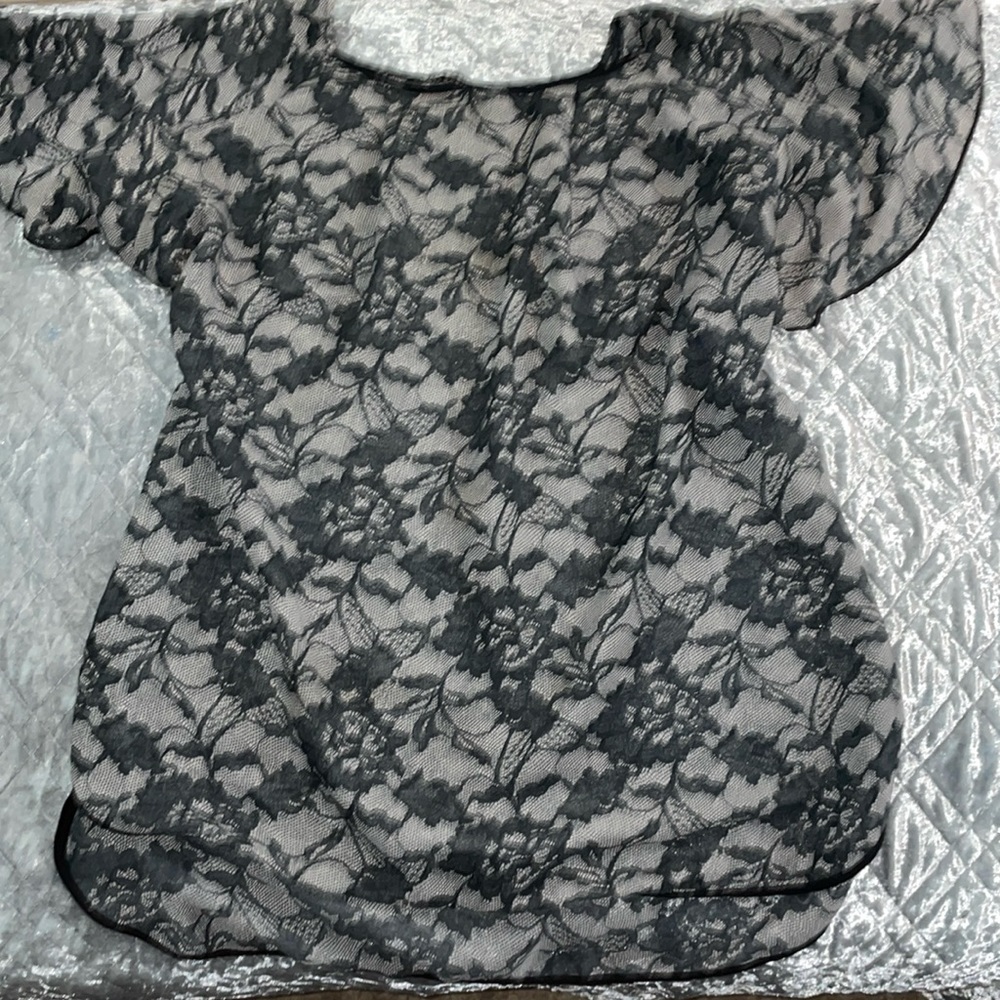 BNWOT ZARA BLACK AND NUDE SHEER LACE TOP WITH FLUTTER SLEEVES.